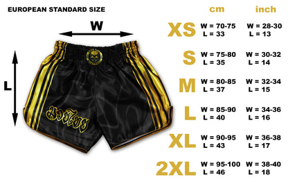 Kickboxing Shorts size chart showing European standard sizes XS to 2XL in cm and inch