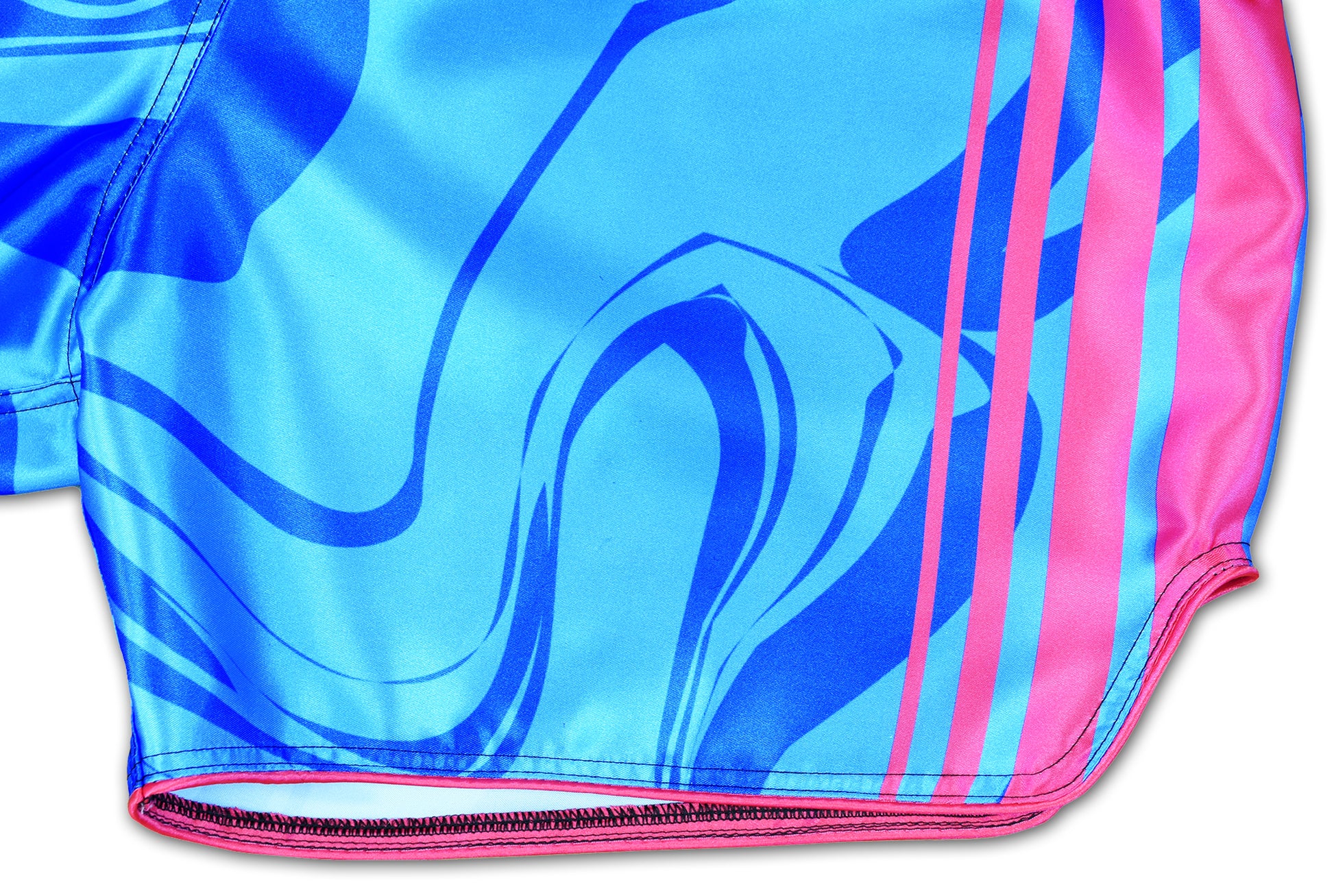 Close-up of smooth premium satin fabric on OOWEE blue and pink Muay Thai Shorts with vibrant sublimated colors