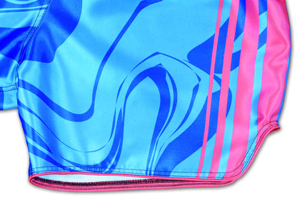 Close-up of smooth premium satin fabric on OOWEE blue and pink Muay Thai Shorts with vibrant sublimated colors