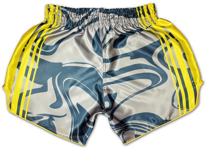 OOWEE Muay Thai Shorts back view showing gray and yellow smoke liquid design with yellow stripes