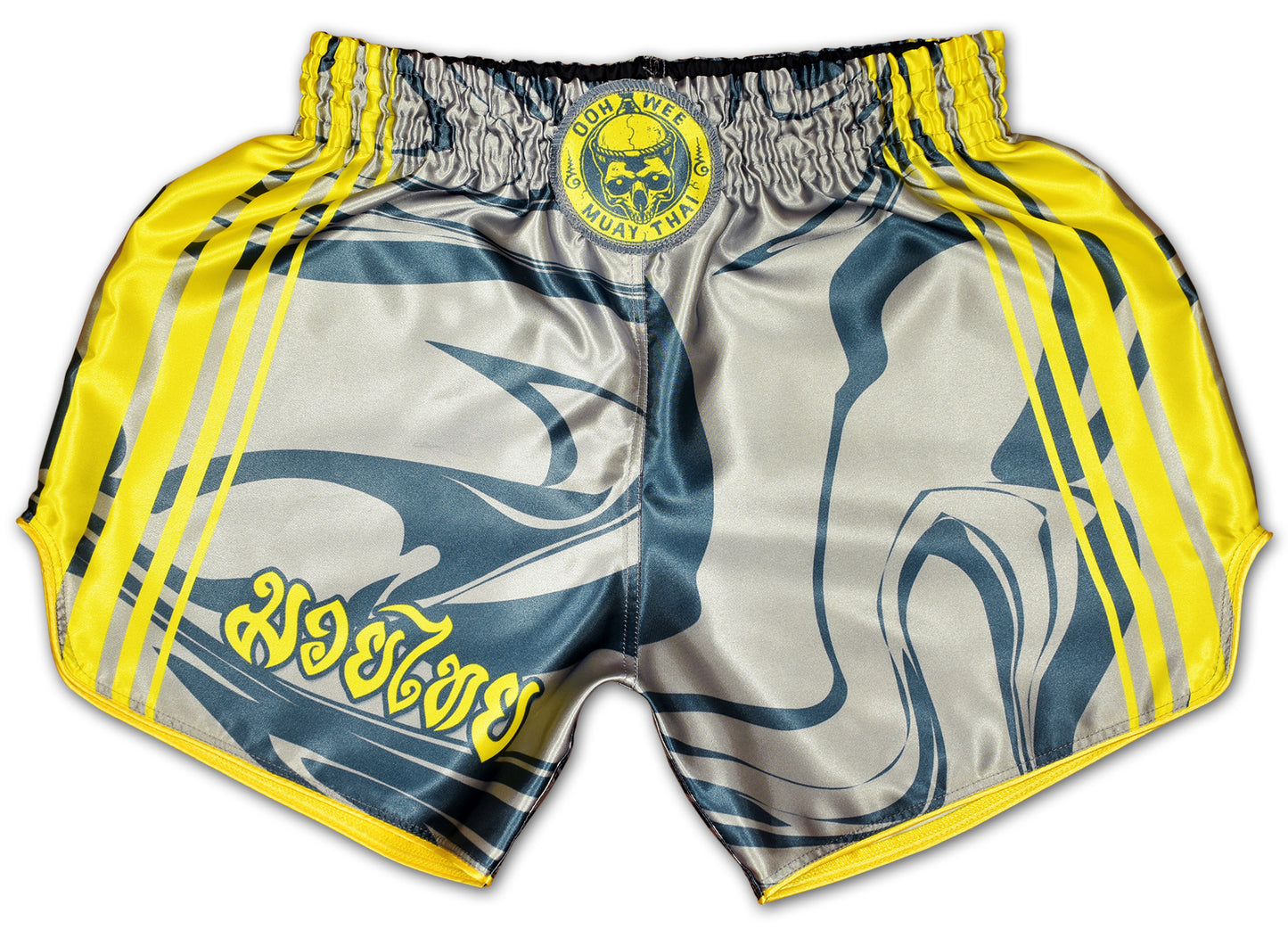 OOWEE Muay Thai Shorts in gray and yellow with smoke liquid design and Thai script handmade in Thailand