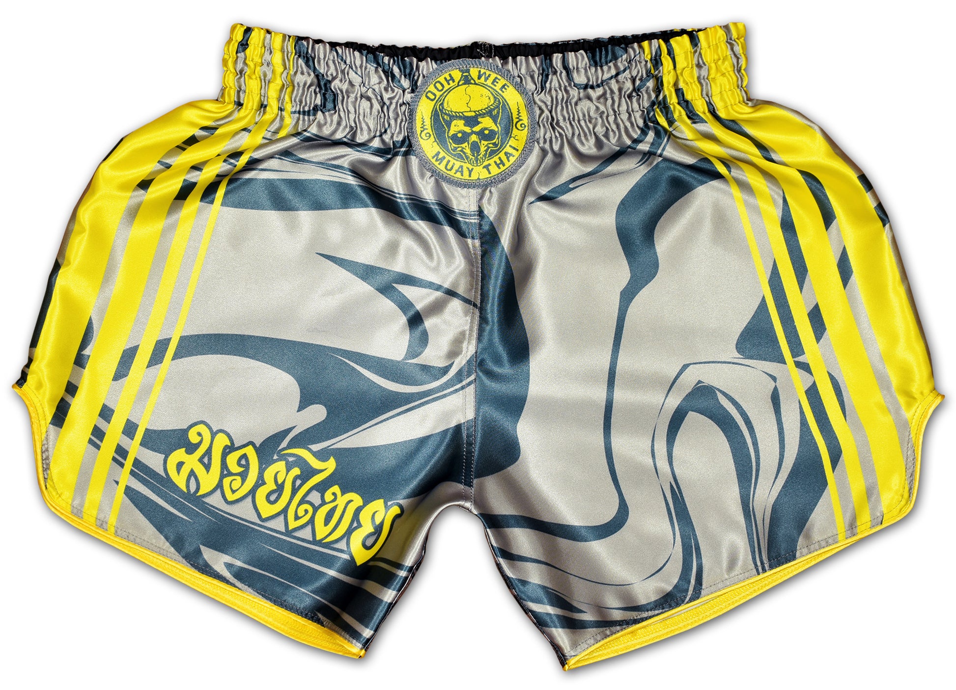 OOWEE Muay Thai Shorts in gray and yellow with smoke liquid design and Thai script handmade in Thailand