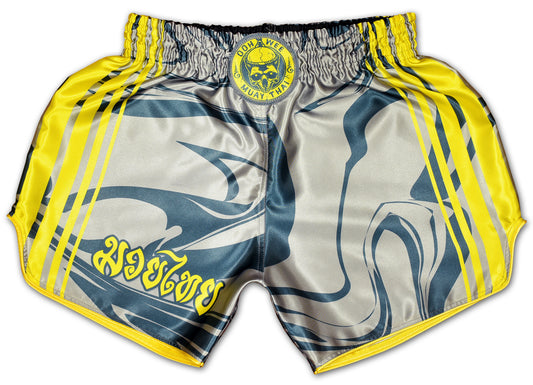 OOWEE Muay Thai Shorts in gray and yellow with smoke liquid design and Thai script handmade in Thailand