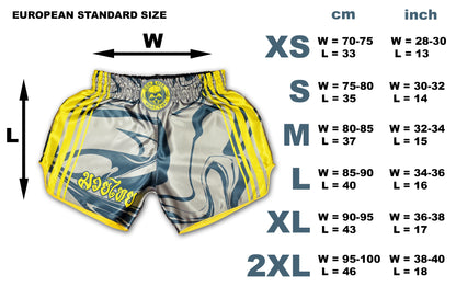 OOWEE Muay Thai Shorts size chart showing European standard sizes XS to 2XL in cm and inch