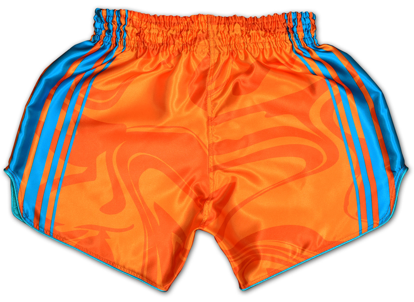 OOWEE Muay Thai Shorts back view showing bold orange satin with blue stripes and smoke liquid design