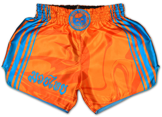 OOWEE Muay Thai Shorts in orange and blue with smoke liquid design and Thai script handmade in Thailand