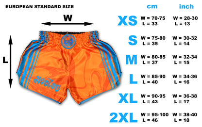 OOWEE Muay Thai Shorts size chart showing European standard sizes XS to 2XL in cm and inch