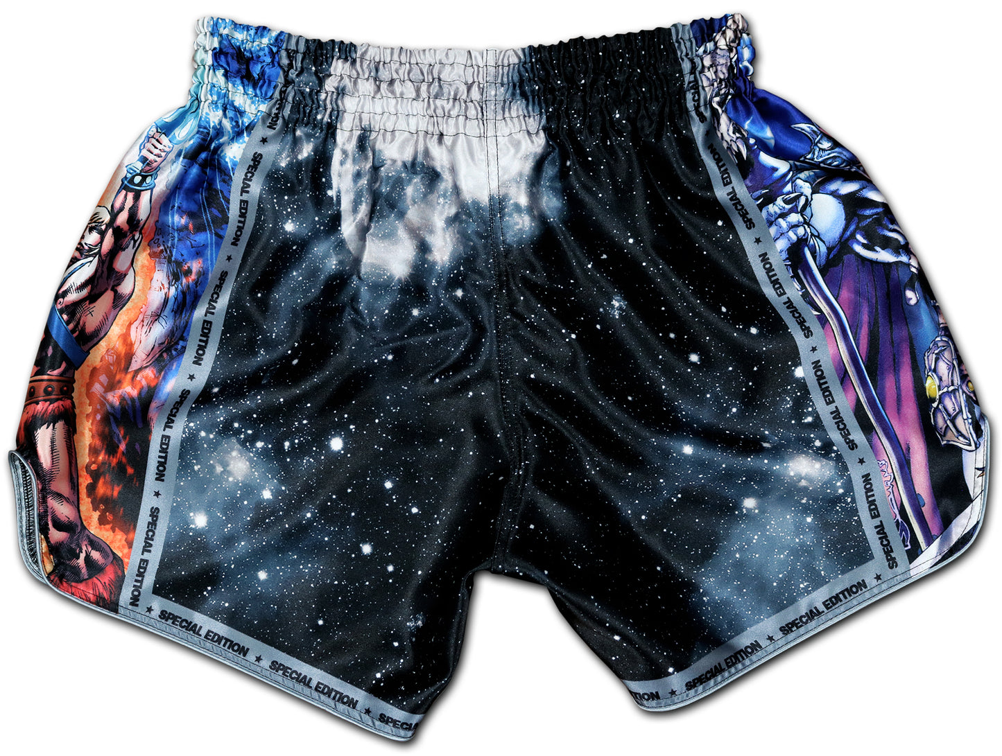 Back view of OOWEE Masters of the Universe Muay Thai Shorts with cosmic galaxy artwork and fantasy battle design