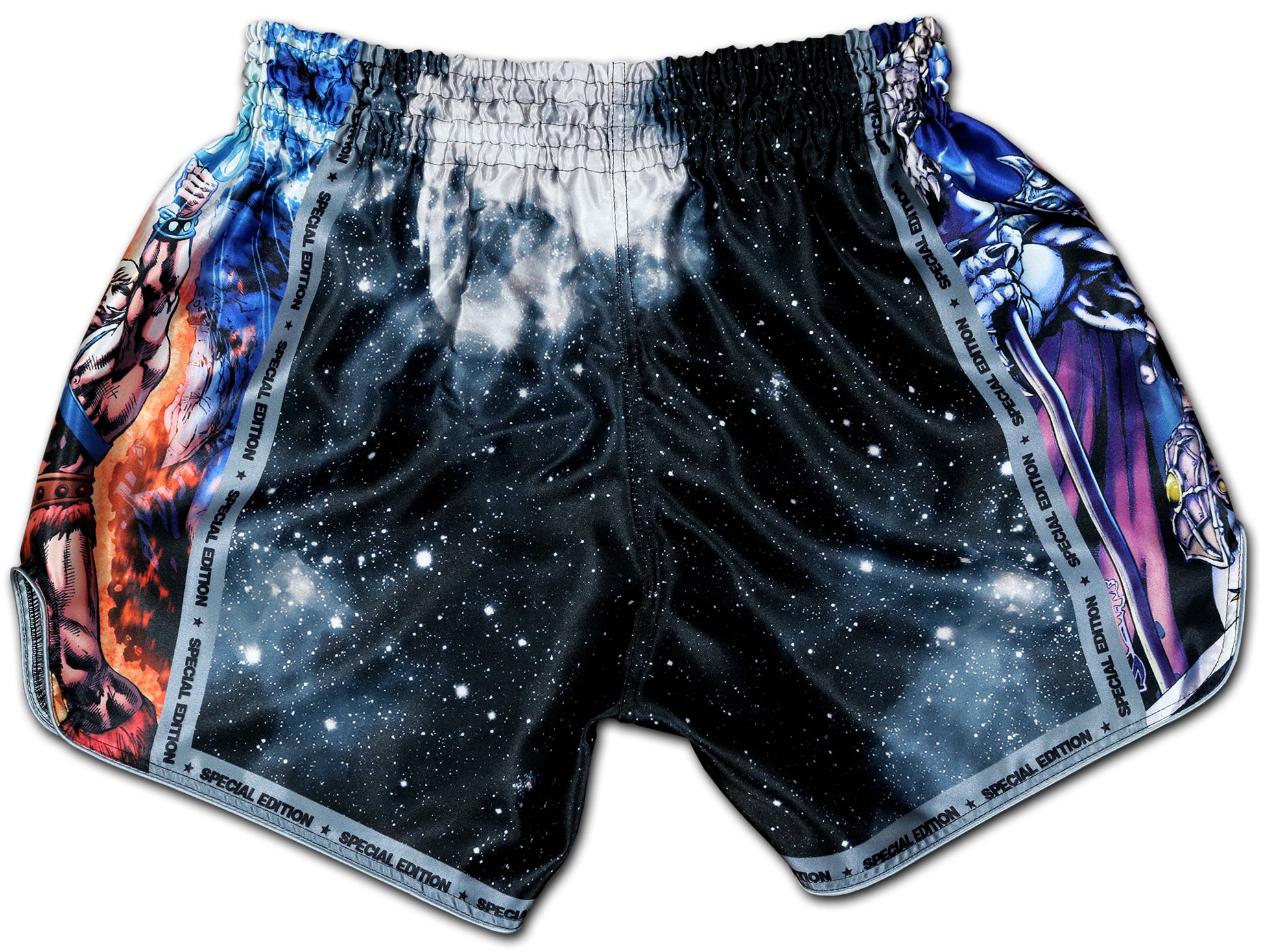 Back view of OOWEE Masters of the Universe Muay Thai Shorts with cosmic galaxy artwork and fantasy battle design