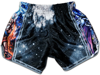Back view of OOWEE Masters of the Universe Muay Thai Shorts with cosmic galaxy artwork and fantasy battle design