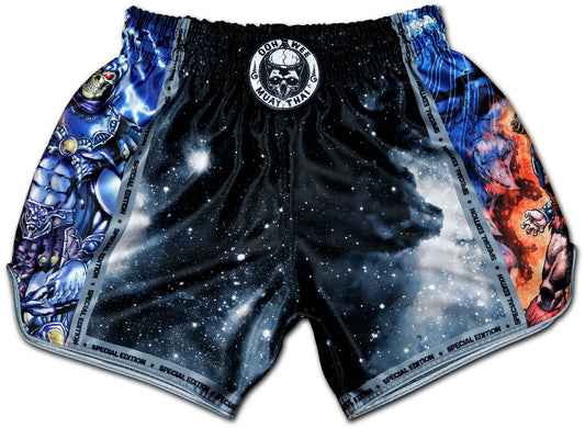 Front view of OOWEE Special Edition Masters of the Universe Muay Thai Shorts with cosmic fantasy fight design