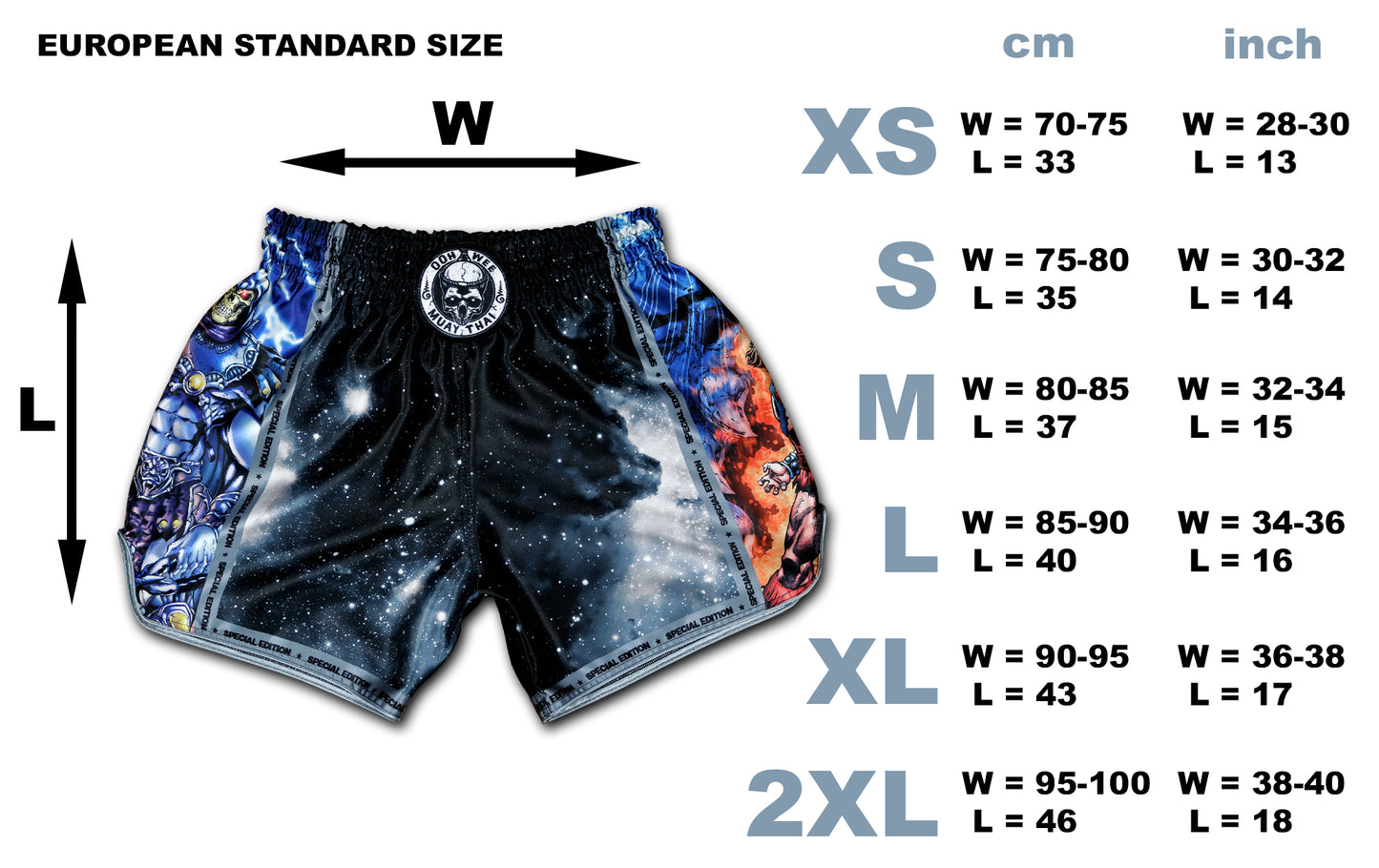Size chart for OOWEE Special Edition Masters of the Universe Muay Thai Shorts with European standard measurements in size XS, S, M, L, XL and 2XL.
