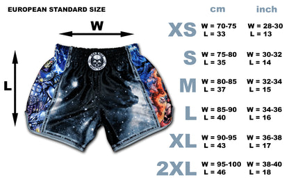 Size chart for OOWEE Special Edition Masters of the Universe Muay Thai Shorts with European standard measurements in size XS, S, M, L, XL and 2XL.