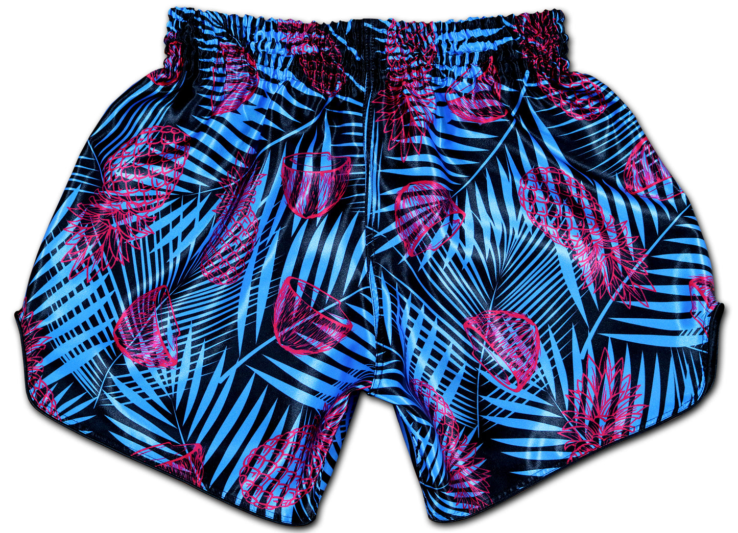 OOWEE Tropical Thai Boxing Shorts back view showing black blue and pink tropical design with pineapples and palm leaves
