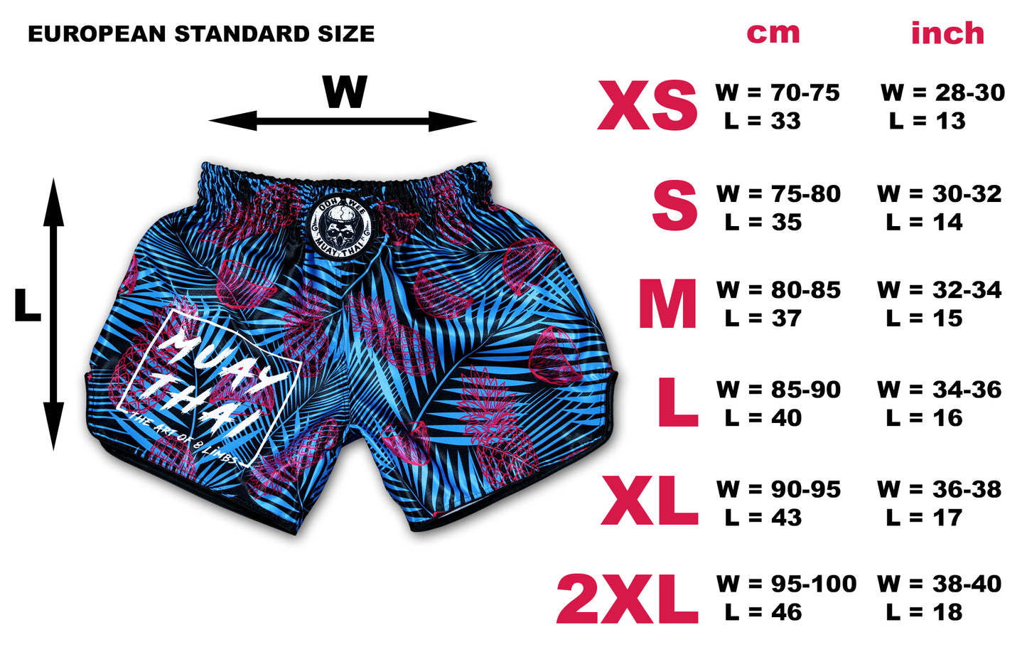 OOWEE Tropical Thai Boxing Shorts size chart showing European standard sizes XS to 2XL in cm and inch