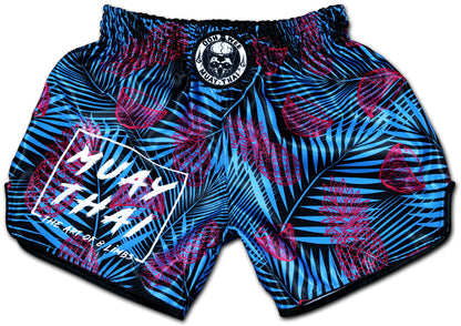 OOWEE Tropical Thai Boxing Shorts in black blue and pink with palm leaves pineapples and coconuts handmade in Thailand