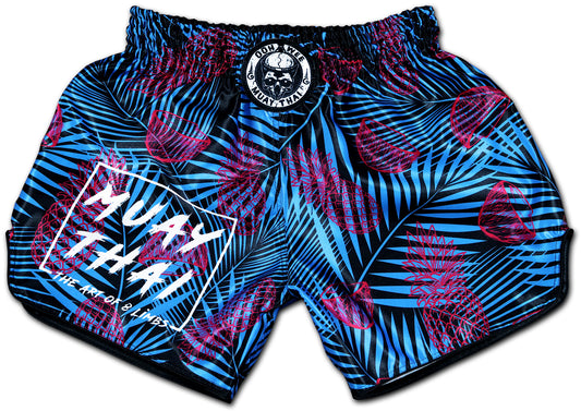 OOWEE Tropical Thai Boxing Shorts in black blue and pink with palm leaves pineapples and coconuts handmade in Thailand