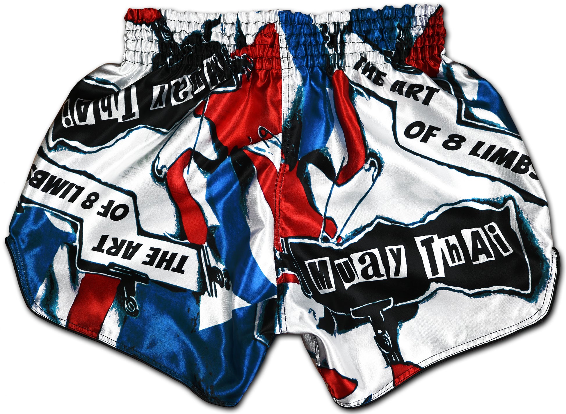 Patriot Muay Thai Shorts back view showing red white and blue patriot design with Art of 8 Limbs lettering