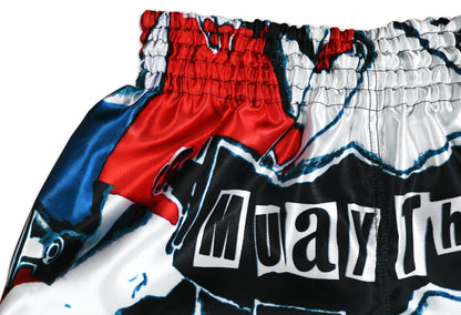 Patriot Muay Thai Shorts detail showing red white and blue waistband with Muay Thai script and premium sublimation print
