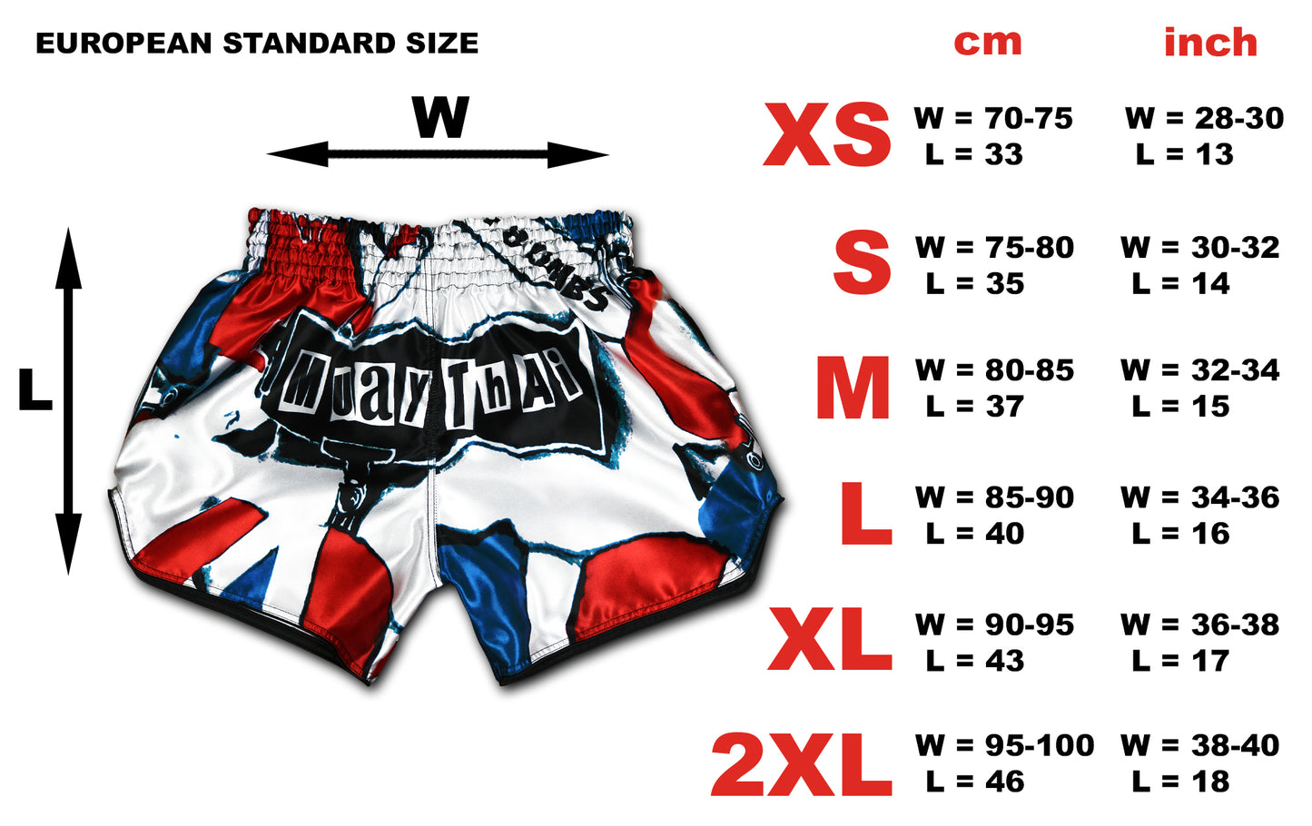 Patriot Muay Thai Shorts size chart showing European standard sizes XS to 2XL in cm and inch