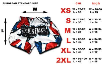 Patriot Muay Thai Shorts size chart showing European standard sizes XS to 2XL in cm and inch