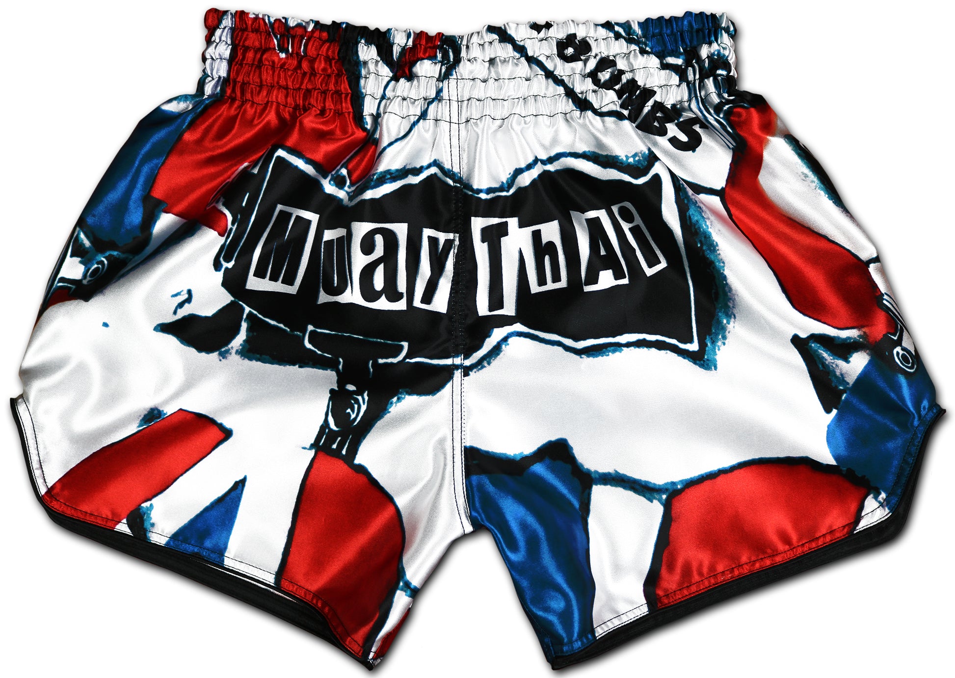 Patriot Muay Thai Shorts in red white and blue with Art of 8 Limbs design and Muay Thai script handmade in Thailand