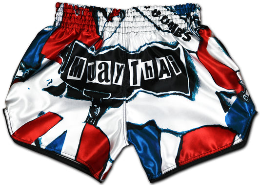 Patriot Muay Thai Shorts in red white and blue with Art of 8 Limbs design and Muay Thai script handmade in Thailand