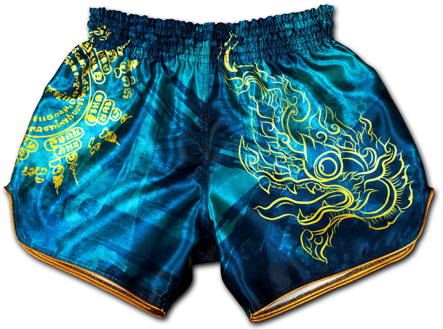 Phaya Naga Muay Thai Fight Shorts in aqua blue front view with gold Naga serpent head, sacred Sak Yant circle and orange satin trim