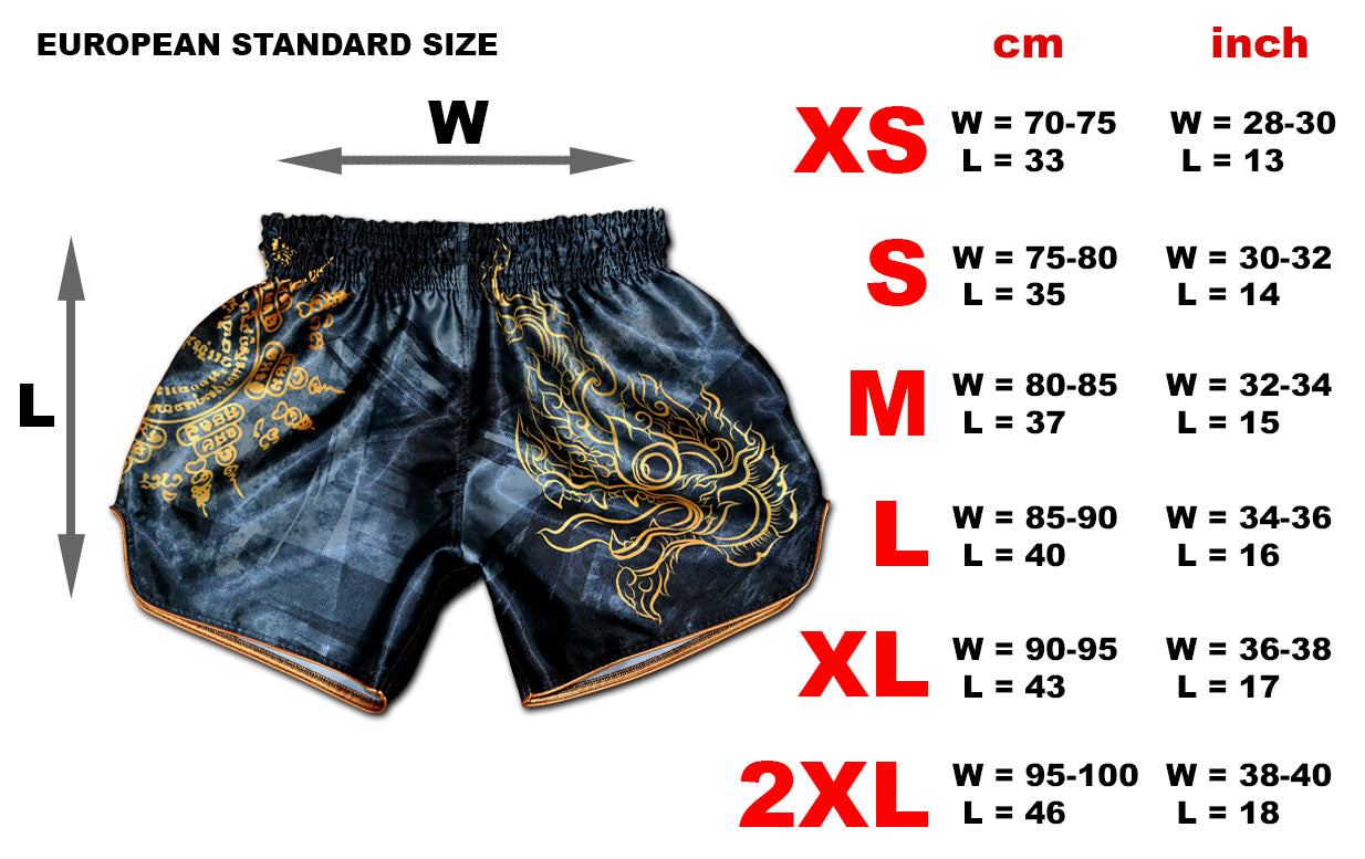 Muay Thai Fight Shorts European size chart from XS to 2XL with waist and length measurements in cm and inch