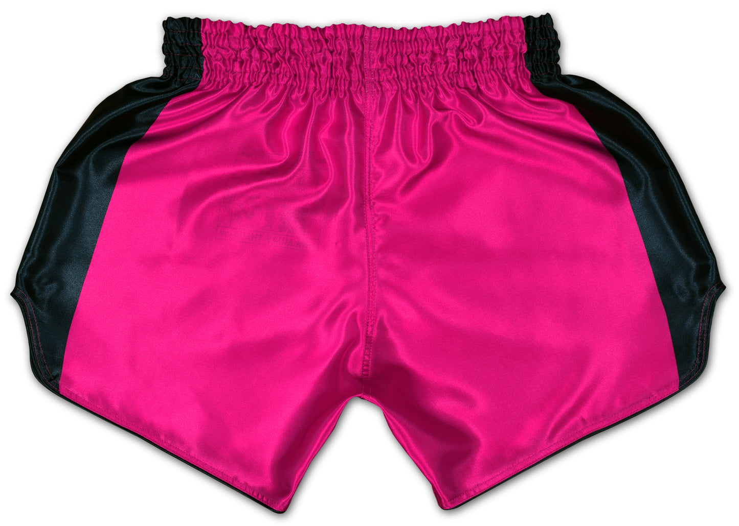 Back view of pink and black satin Pink Soldier fight shorts handmade in Thailand