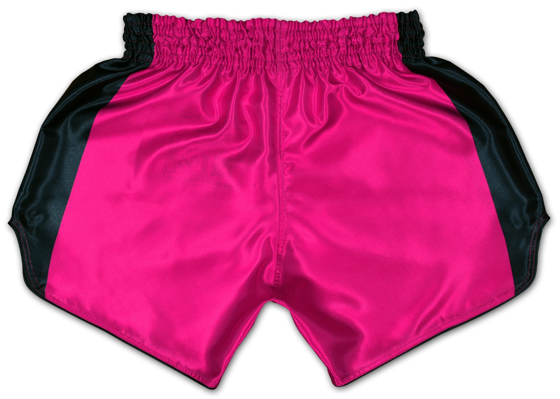 Back view of pink and black satin Pink Soldier fight shorts handmade in Thailand