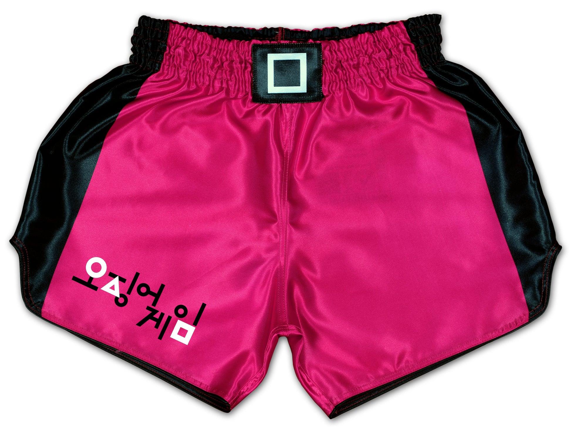 Pink and black Pink Soldier fight shorts with square symbol and glossy satin finish