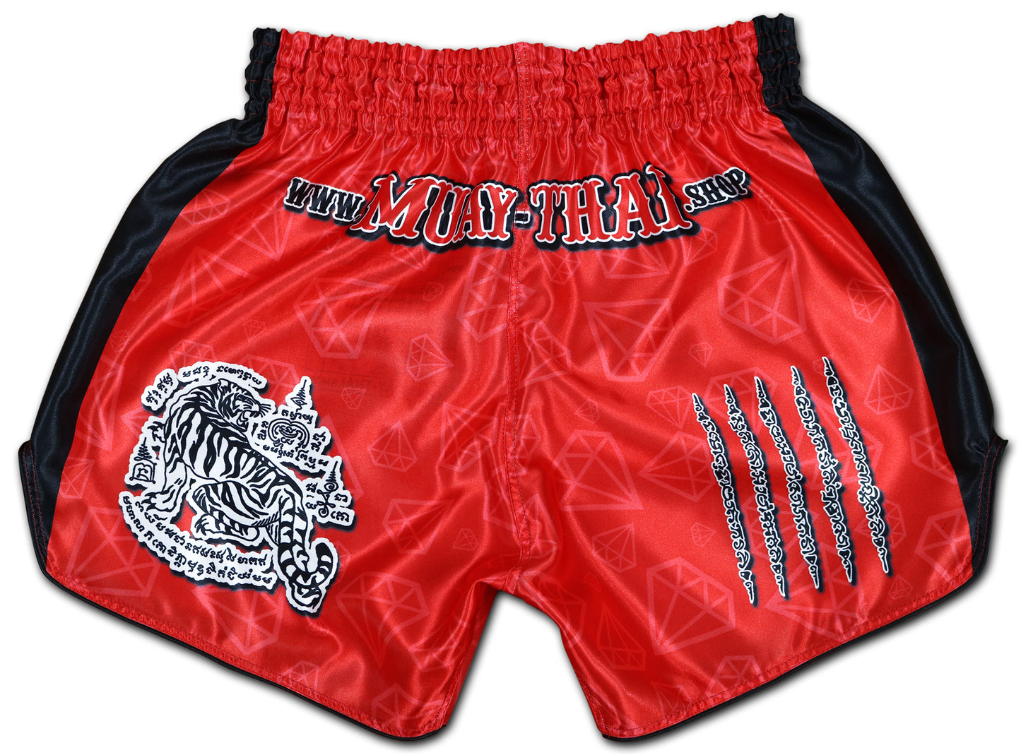 Back view of Red Corner Muay Thai Boxing Shorts with Sak Yant tiger artwork, Thai script and glossy red satin finish
