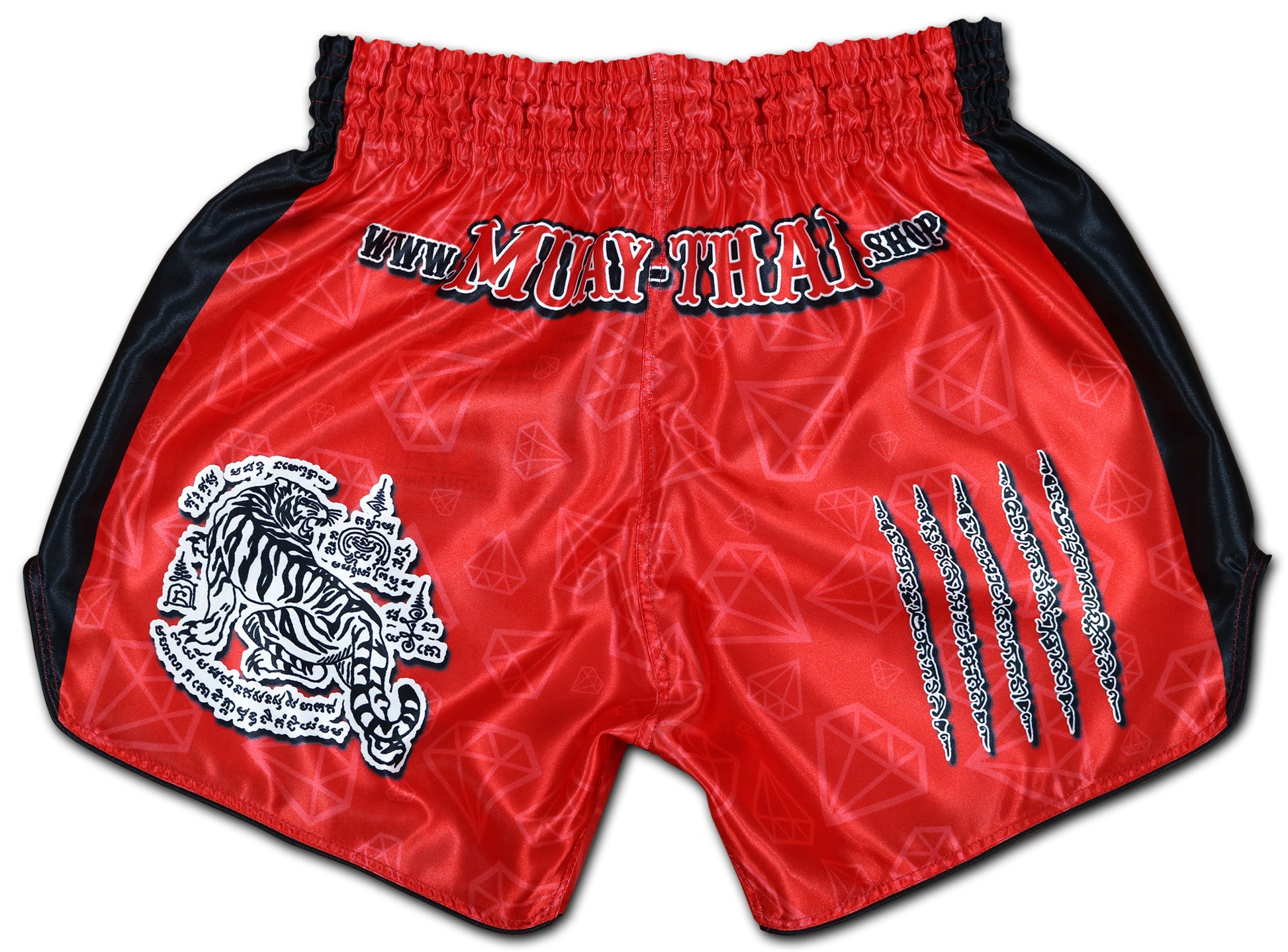Back view of Red Corner Muay Thai Boxing Shorts with Sak Yant tiger artwork, Thai script and glossy red satin finish
