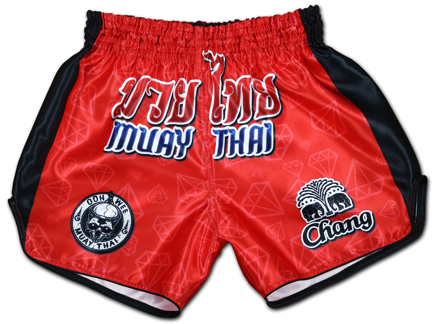 Front view of Red Corner Muay Thai Boxing Shorts with black side panels and traditional Thai fightwear design