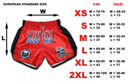 Red Corner Muay Thai Boxing Shorts size chart showing European standard sizes XS to 2XL in cm and inch