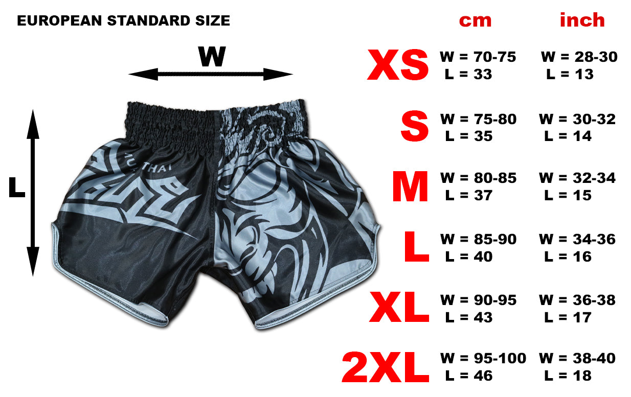 European size chart for Samurai Tribal satin shorts in silver gray from XS to 2XL with cm and inch measurements