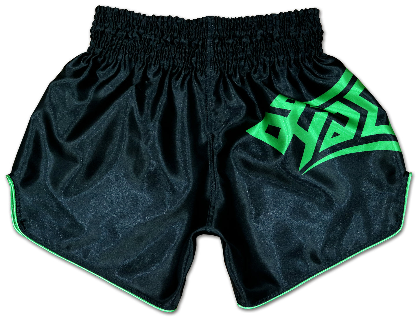 Back view of Samurai Tribal kickboxing shorts in black satin with bold green tribal Muay Thai logo on side panel