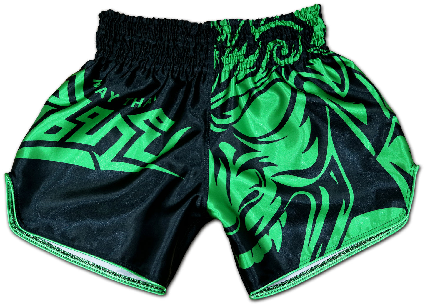 Front view of black satin Thaiboxing shorts with tribal samurai mask graphic and toxic green MUAY THAI lettering