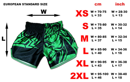European size chart for Samurai Tribal satin shorts from XS to 2XL with cm and inch measurements