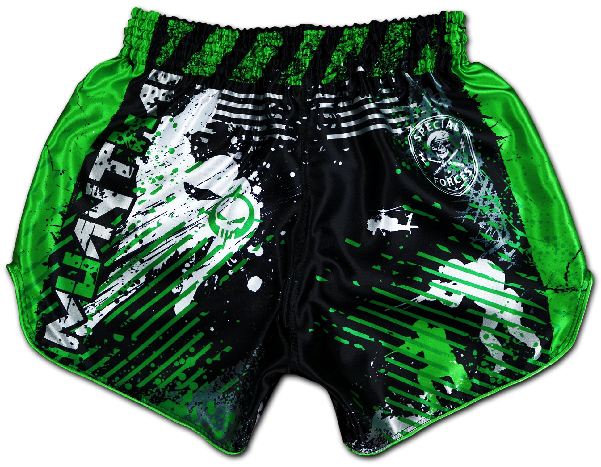 Special Forces Fight Shorts back view in black and green with tactical graphics, premium satin and elastic waistband.