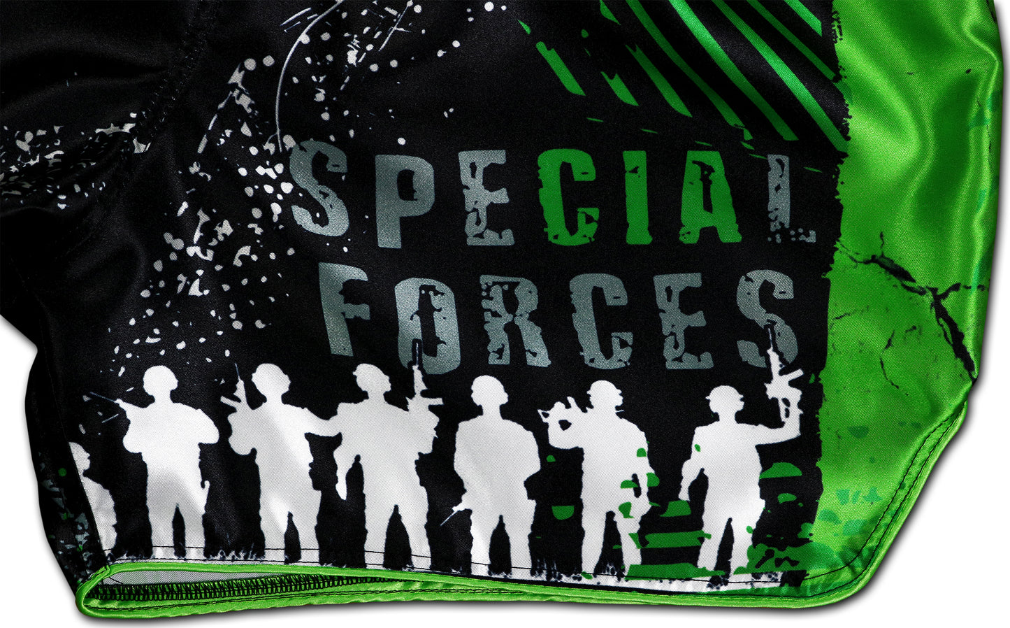Special Forces Fight Shorts close up view with Special Forces lettering, soldier silhouettes, green satin and reinforced seams.