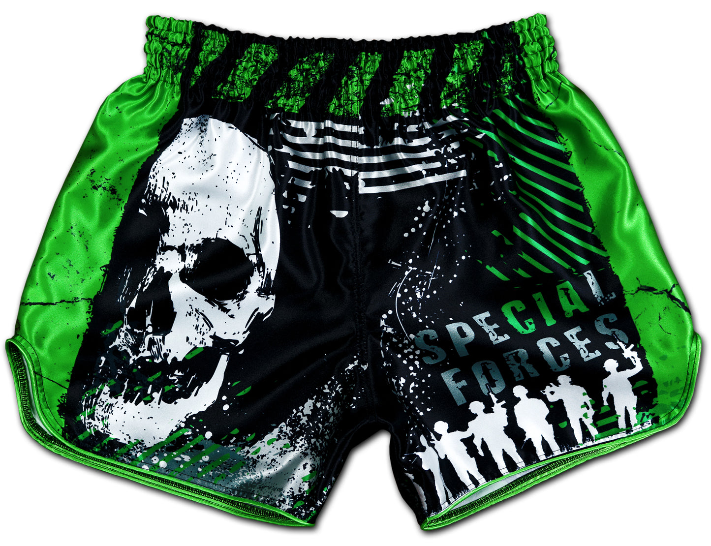 Special Forces Fight Shorts front view in black and green with skull graphic, tactical design and premium satin.