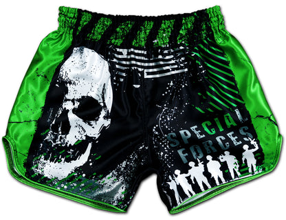 Special Forces Fight Shorts front view in black and green with skull graphic, tactical design and premium satin.