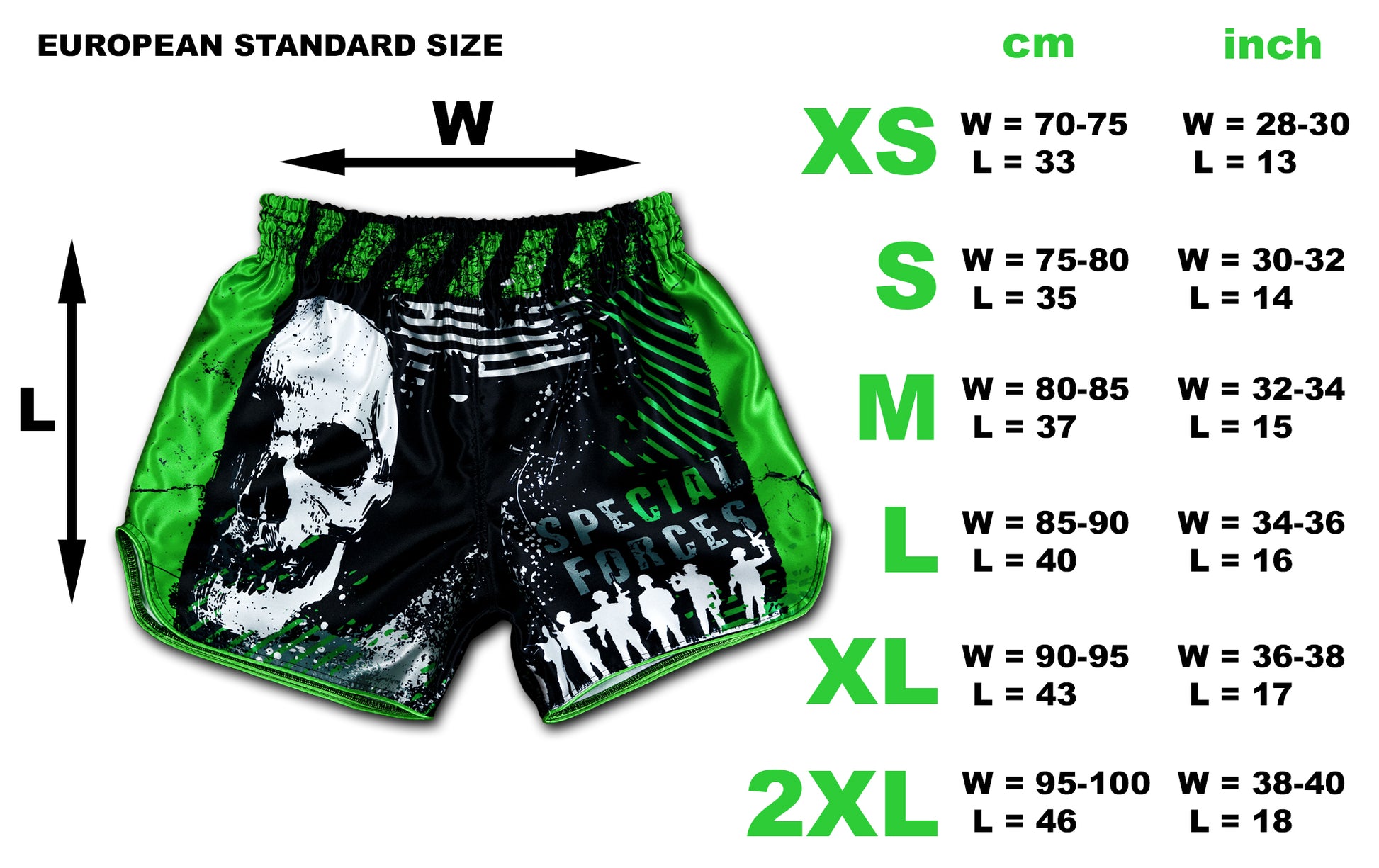 Special Forces Fight Shorts size chart with sizes XS to 2XL, waist and length measurements in centimeters and inches.
