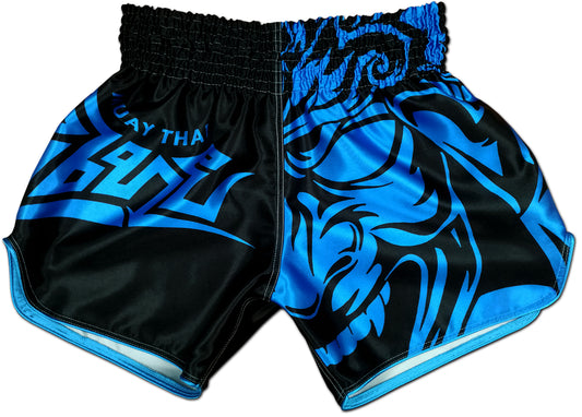 Front view of Tribal Samurai Thai boxing shorts in black and electric blue with a bold oni demon mask graphic and sharp tribal lettering on glossy satin