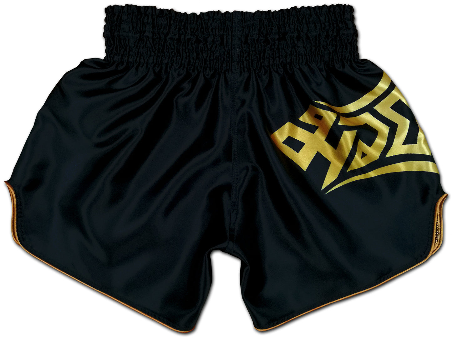 Tribal Samurai Muay Thai Boxing Shorts Black Gold back view with large gold Thai script and copper colored trim on glossy black satin