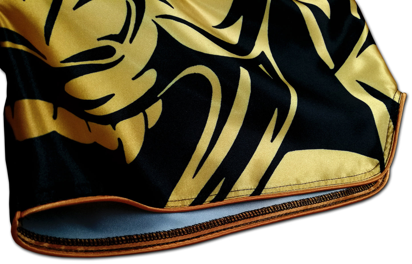 Tribal Samurai Muay Thai Boxing Shorts Black Gold fabric detail of glossy satin, golden side trim and golden tribal sublimation print