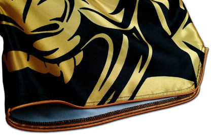 Tribal Samurai Muay Thai Boxing Shorts Black Gold fabric detail of glossy satin, golden side trim and golden tribal sublimation print