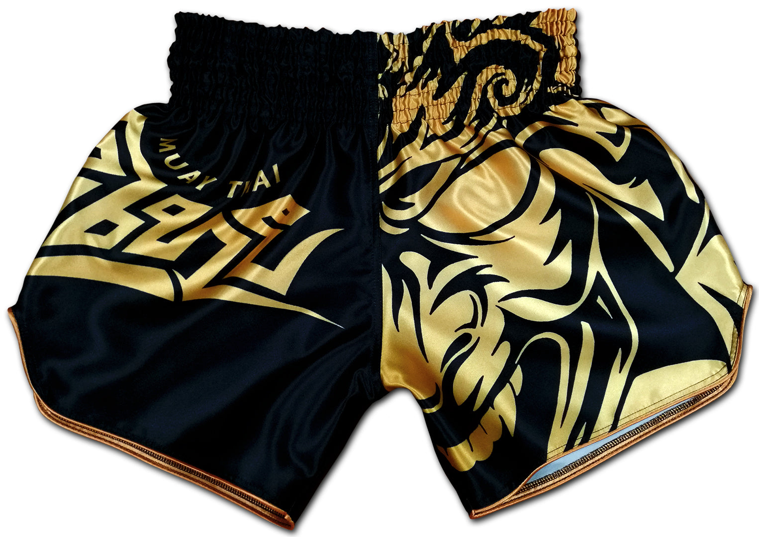 Tribal Samurai Muay Thai Boxing Shorts Black Gold front view with golden tribal demon mask, Thai script and bold lettering on premium satin